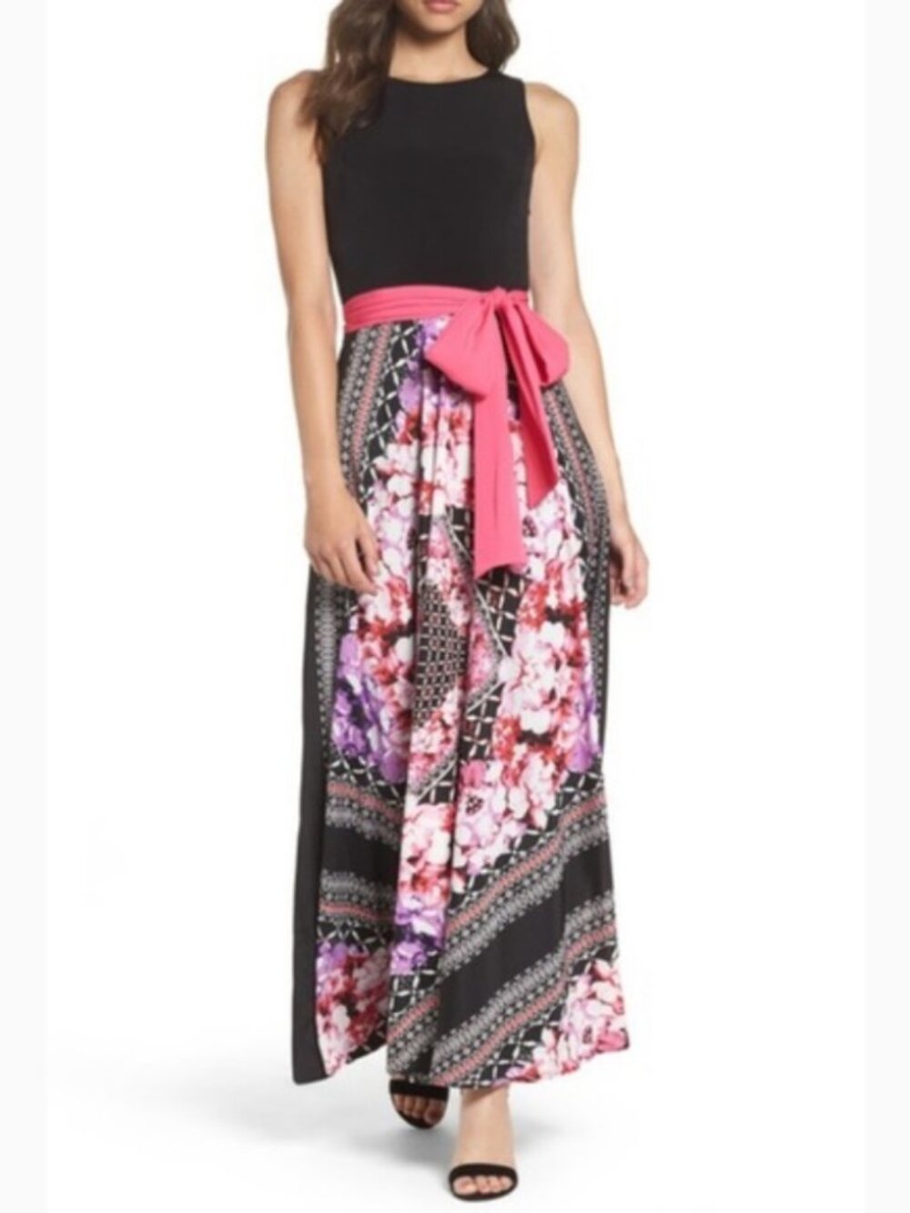 Eliza J Black Pink Floral Jersey Crepe Scarf Print Maxi Dress  Size 10 Petite